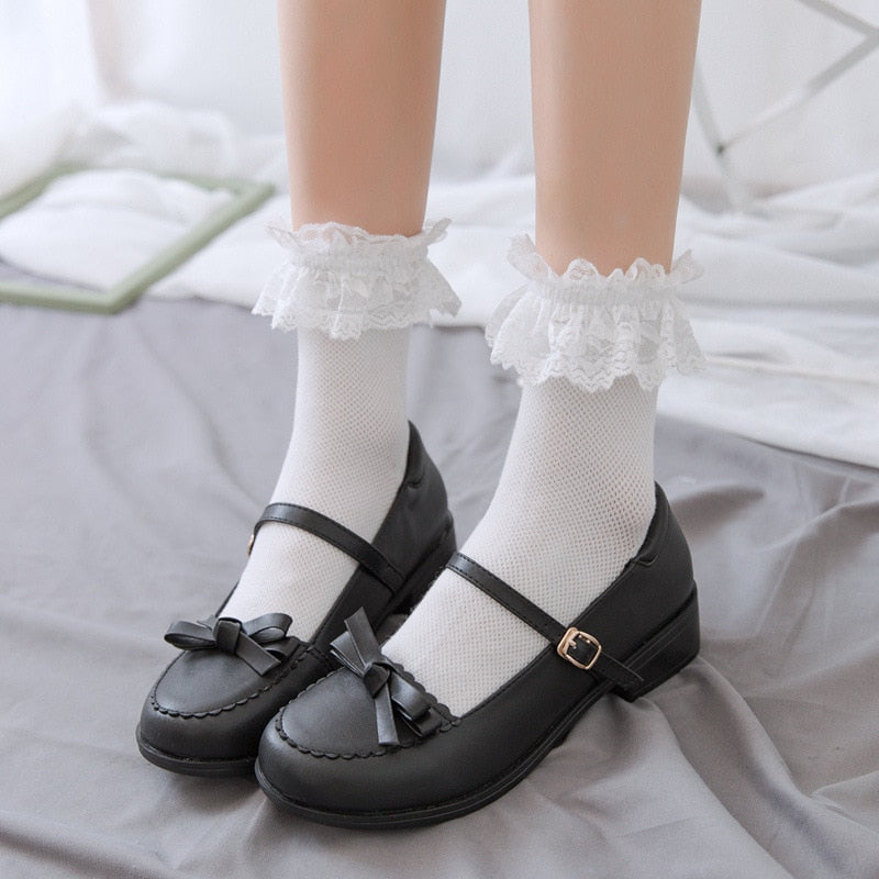 Női lolita stílusú fehér/fekete zokni