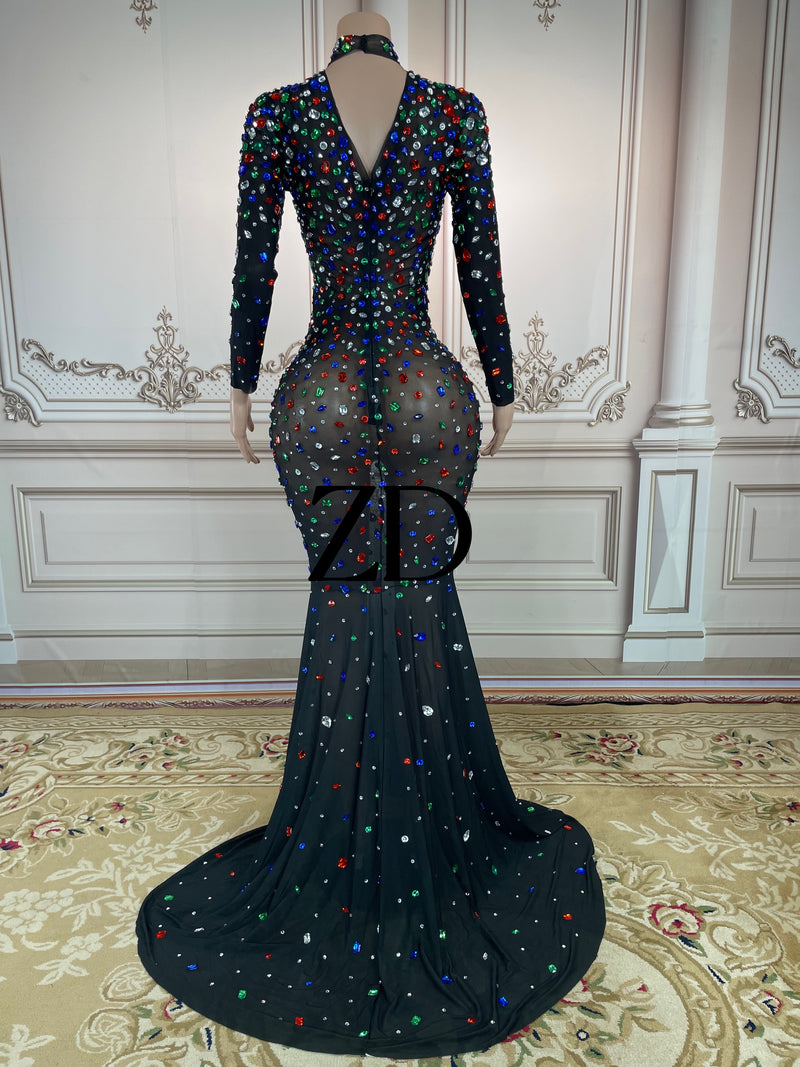 Sexy Sparkly Rhinestones Black Mesh Transparent Long Tail Dress Evening Party Concert Birthday Gown Dress Singer Show Stage Wear