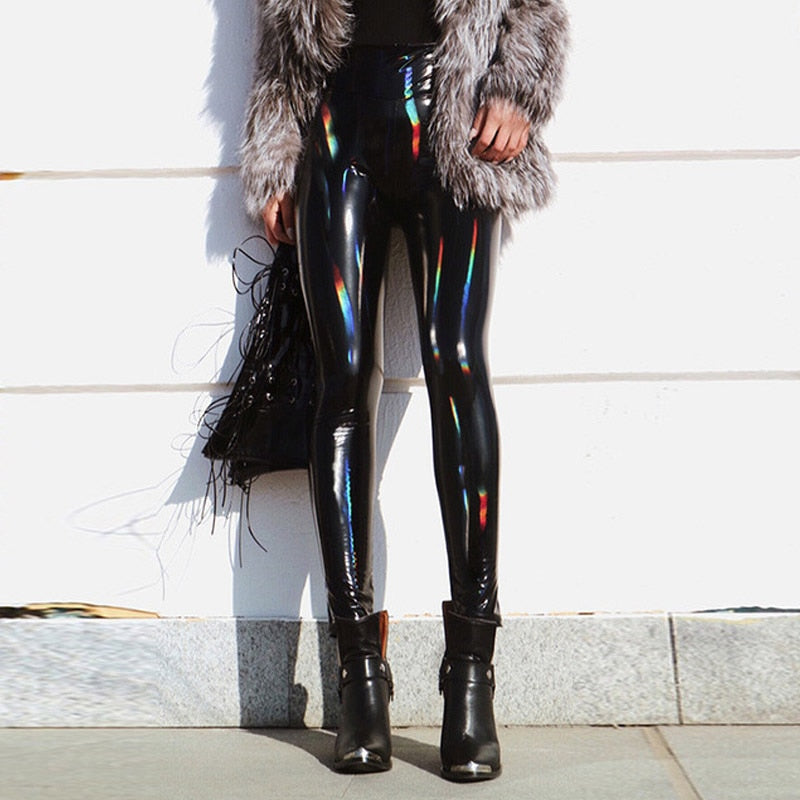 Női műbőr szivárványos fekete leggings