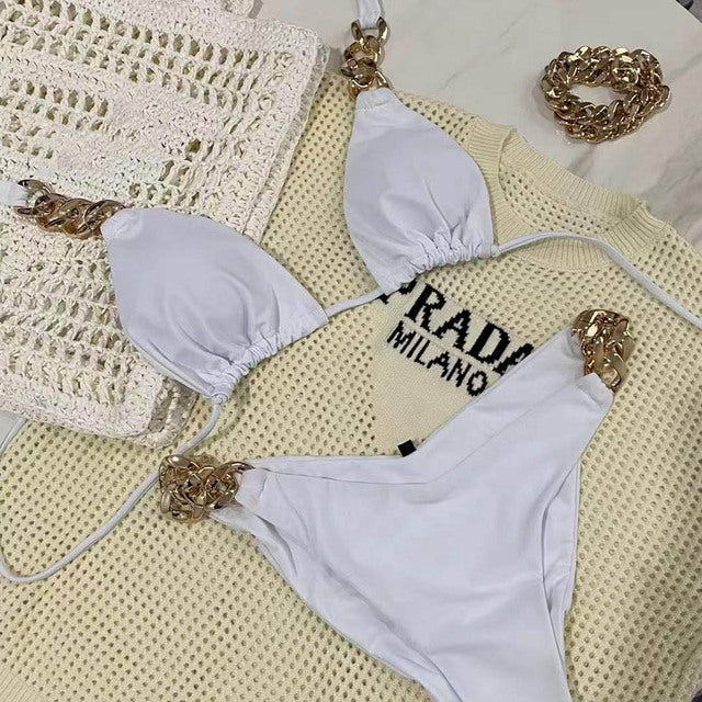 Szexi luxus dizájn kétrészes bikini láncos kiegészítővel